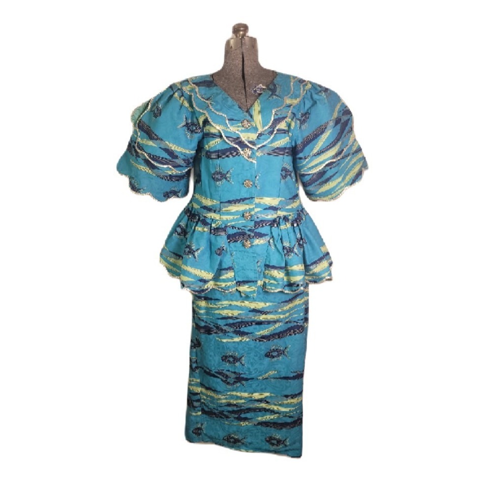 Vintage 50s 60s‎ Tropical Fish Print Set Skirt Blouse Jacket Blue Funky Volup XL